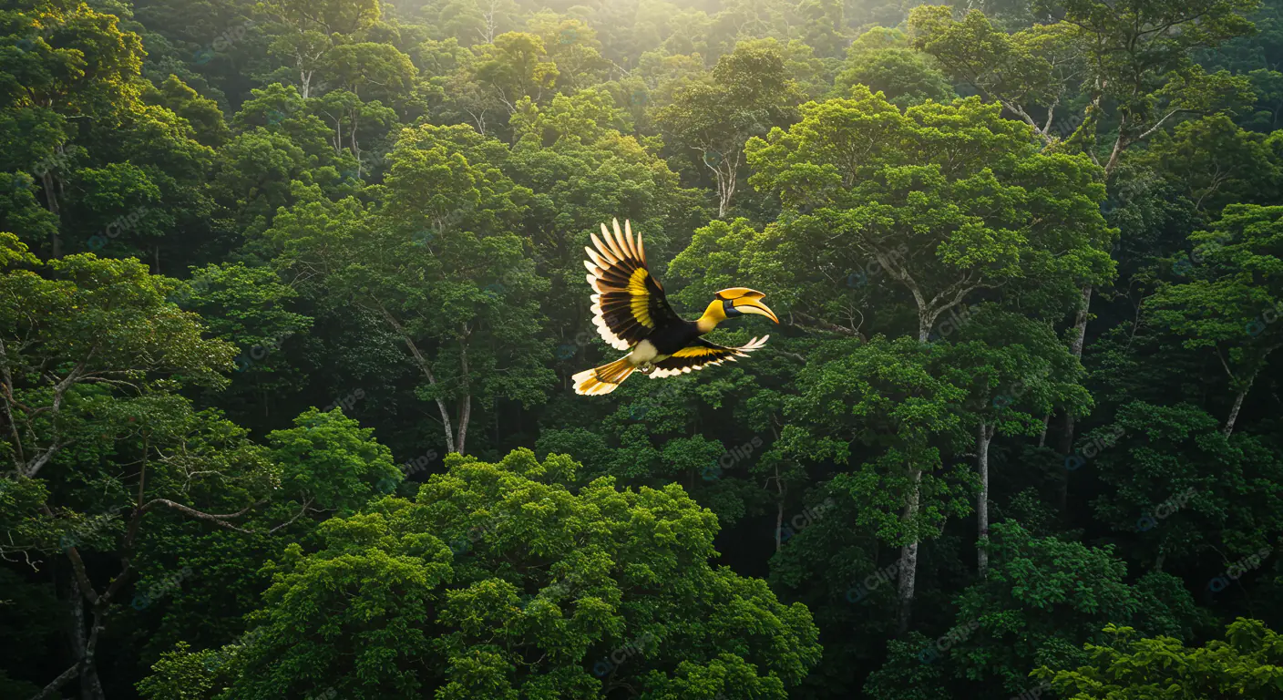 Majestic Toucan in Flight Over Rainforest