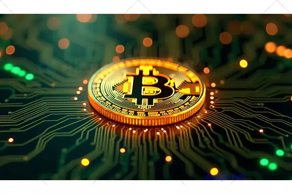 Golden Bitcoin on Digital Circuit Background