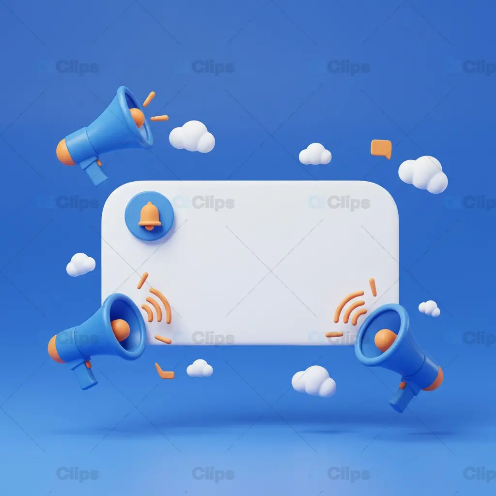 3D Notification Banner with Megaphones and Speech Bubbles