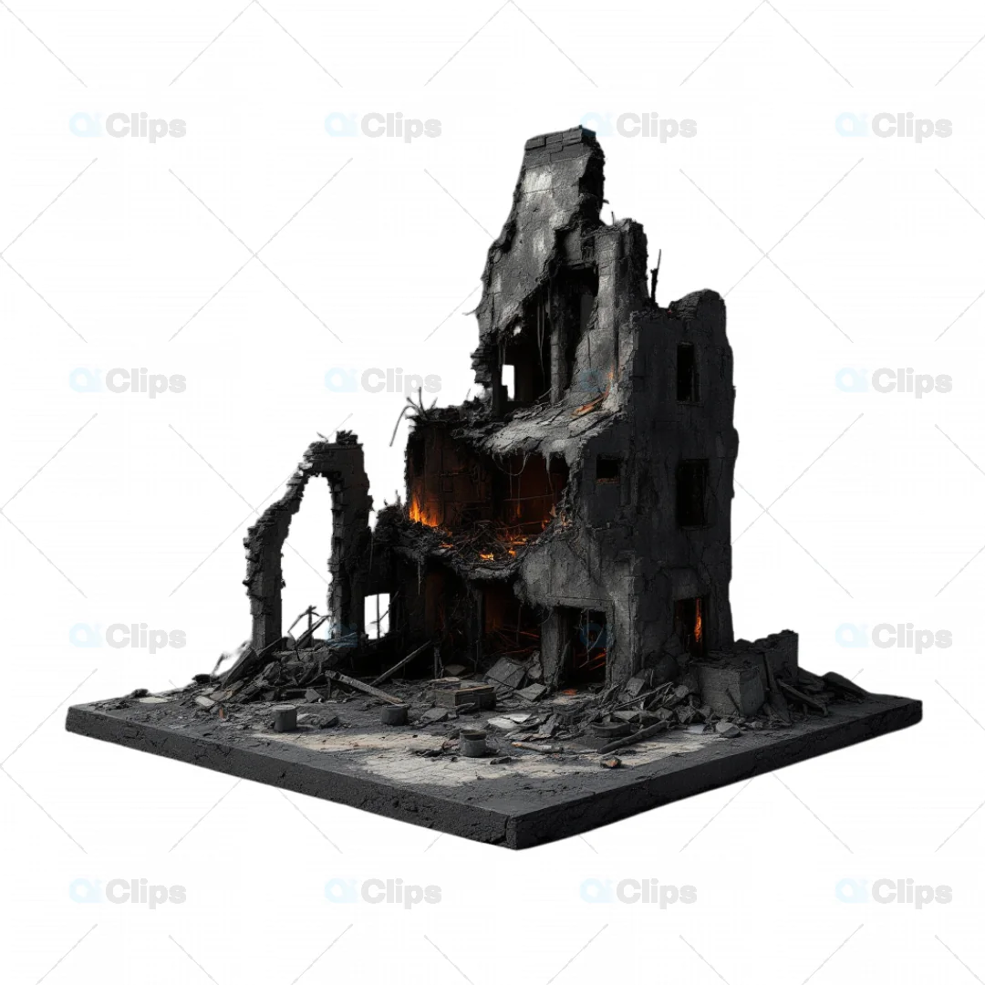 3D Partially Collapsed Burning Building Ruins