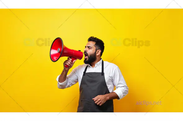 Man Shouting Through Megaphone in Apron