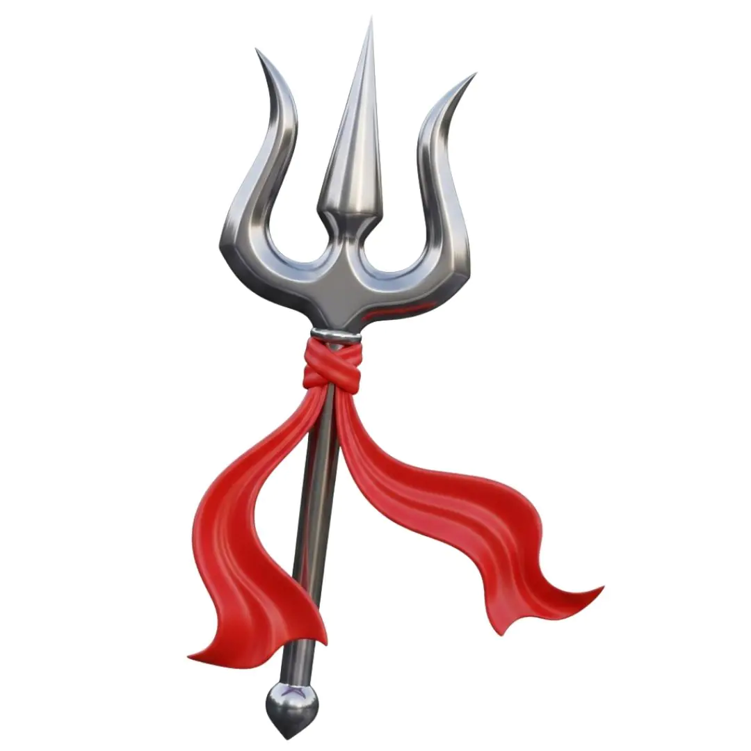 Metallic trident with flowing red ribbon decoration