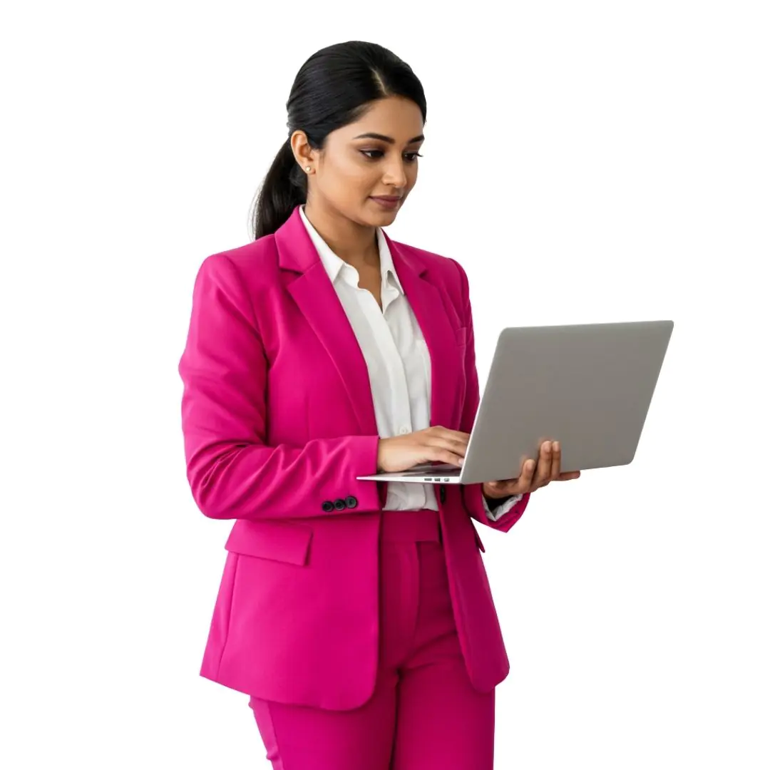 Confident Businesswoman in Pink Suit Using Laptop PNG