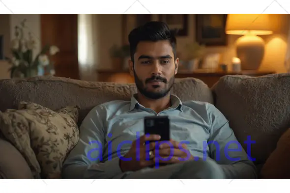 Focused Man Using Smartphone on Couch