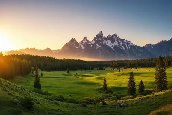 Majestic Mountain Range Overlooking Sunlit Alpine Meadow