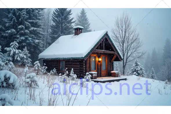 Snowy Cabin in Winter Forest