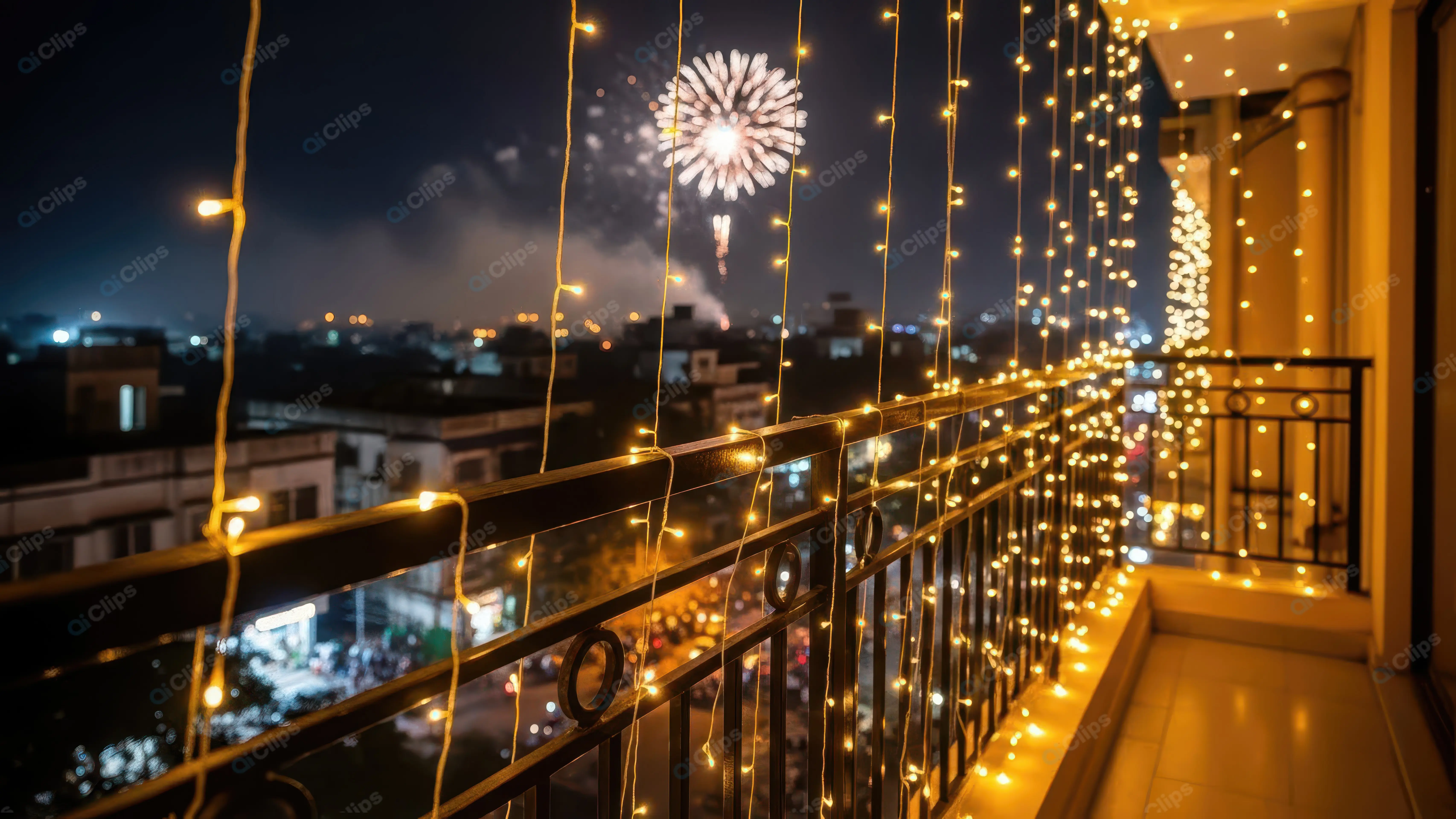 Festive Balcony Overlooking City Lights