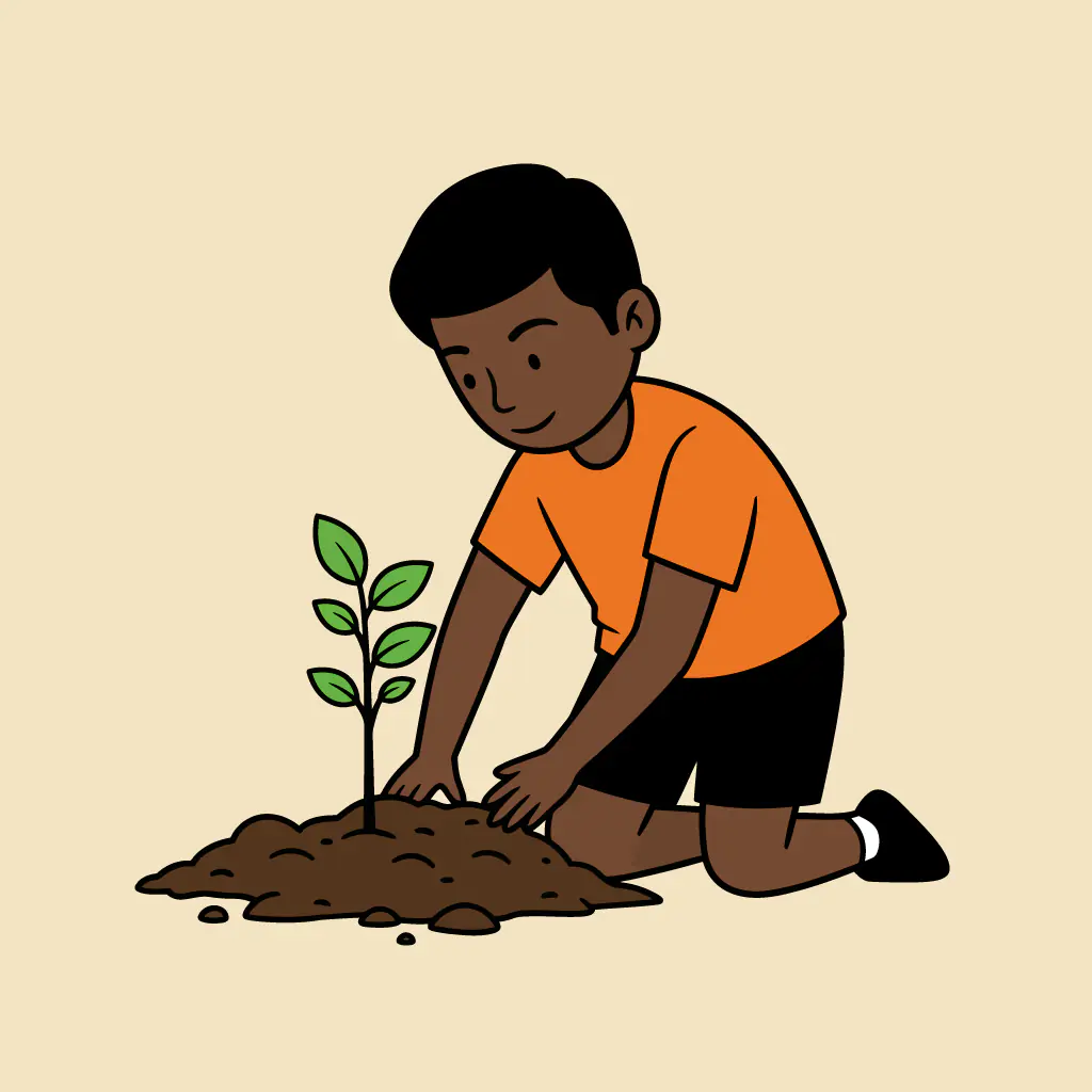 Young Boy Planting Sapling Vector