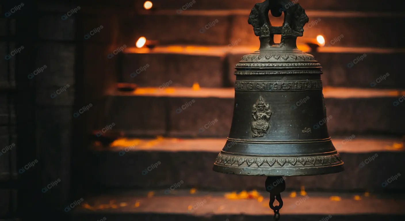 Ornate Temple Bell at Dusk