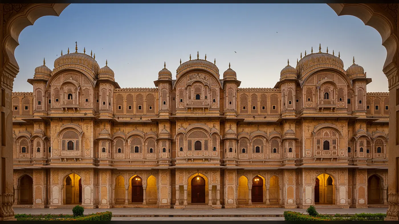 Symmetrical Indian Palace Facade | Rajput Architecture in Evening Glow