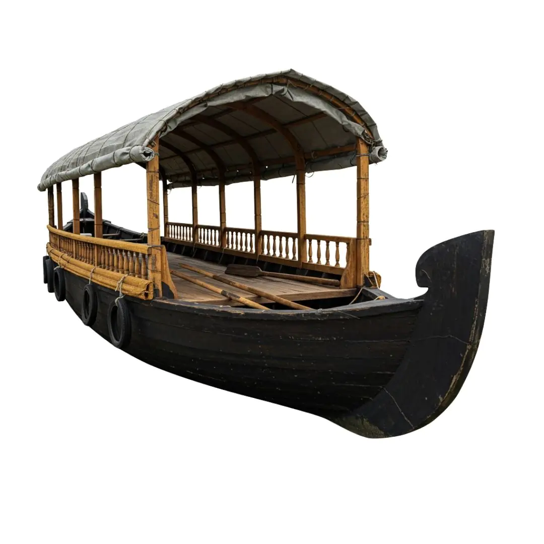 Traditional Wooden Houseboat with Canopy PNG Clipart