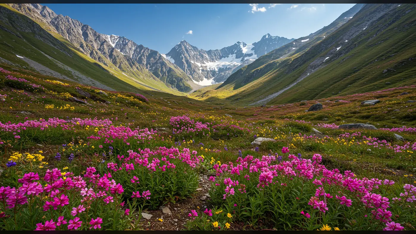Colorful Himalayan Valley with Wildflowers and Snowy Peaks