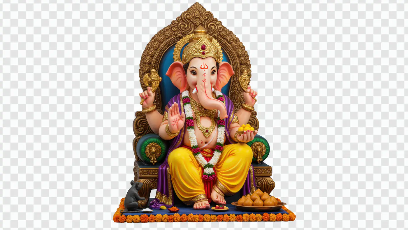 Ornate Lord Ganesha Idol on Decorated Throne PNG