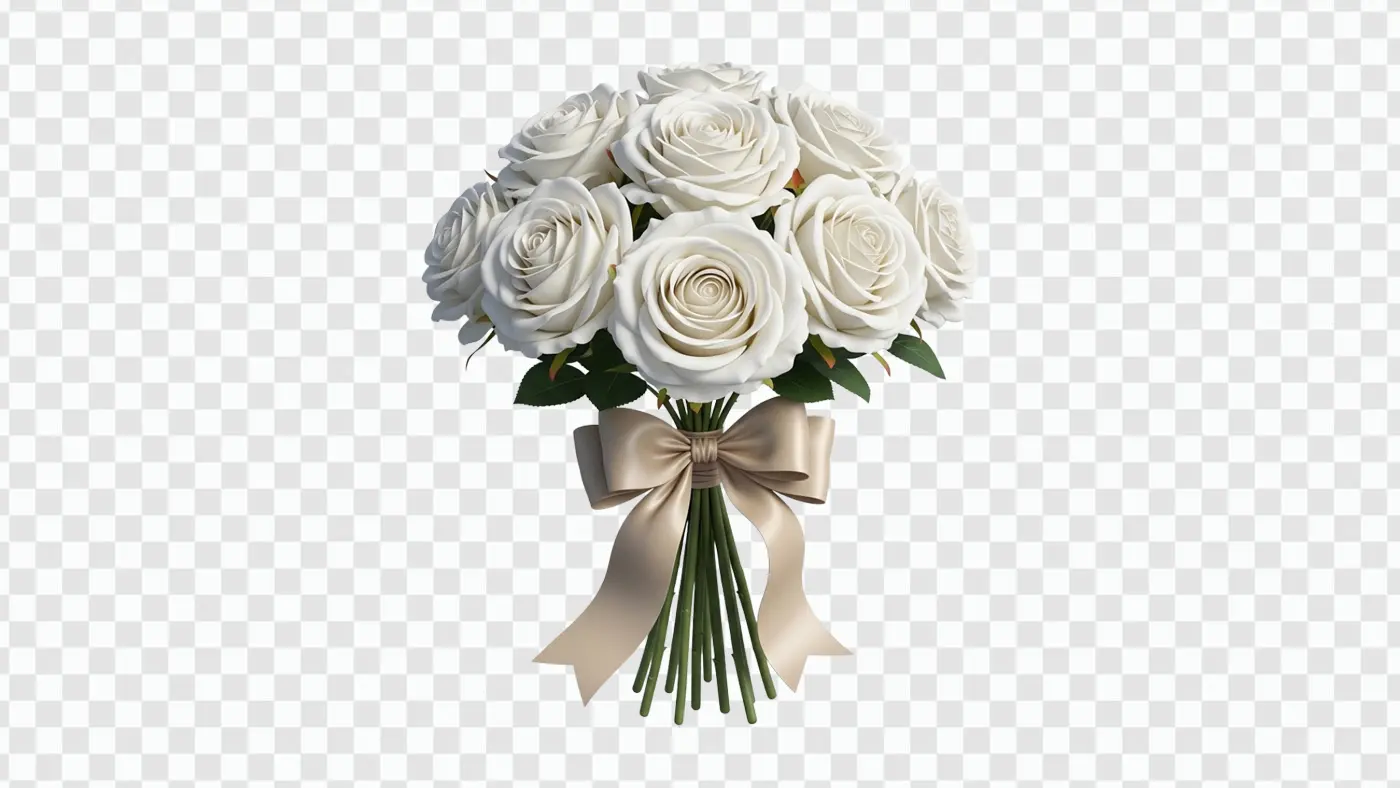Elegant White Rose Bouquet with Champagne Ribbon Clipart PNG