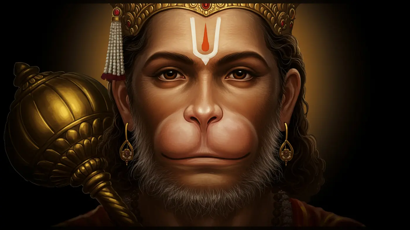 Majestic Hanuman Portrait with Golden Gada – Perfect for Devotional Thumbnails & Posters