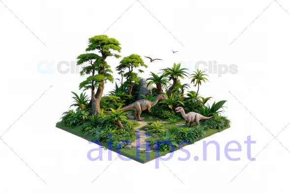 3D Prehistoric Jungle Scene with Dinosaurs and Lush Vegetation