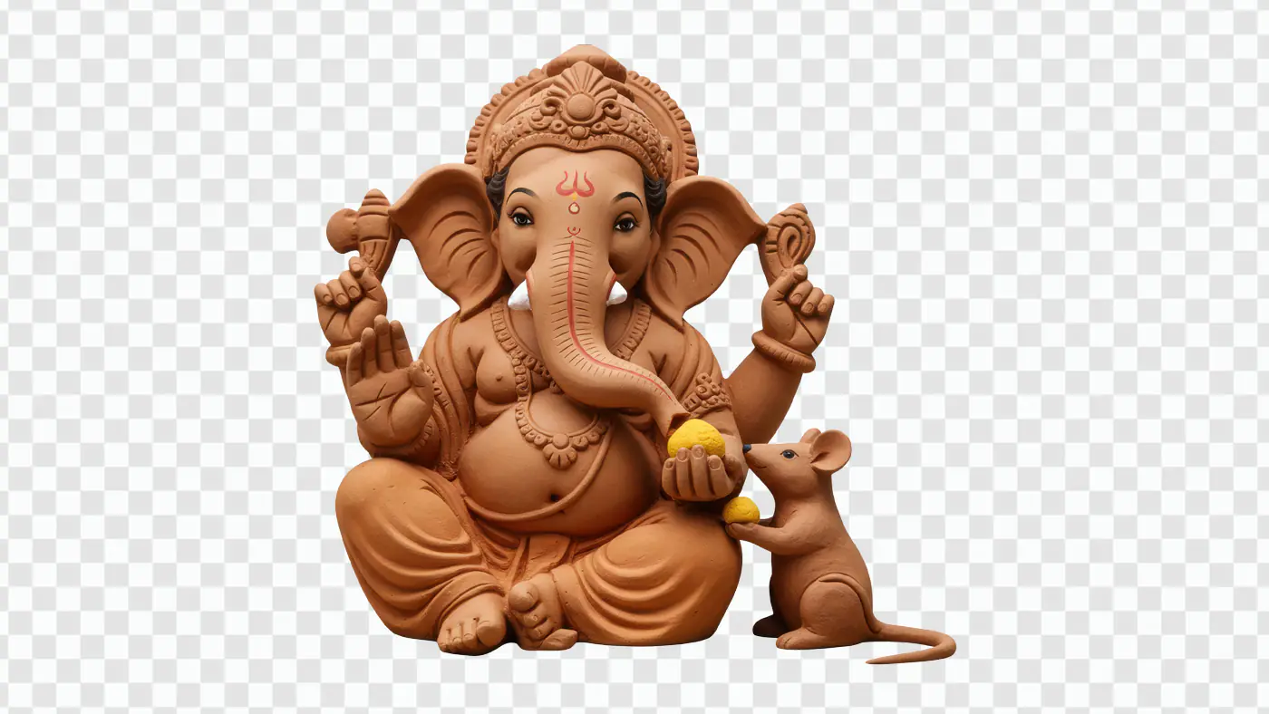 Clay Ganesha Statue with Devoted Mouse PNG