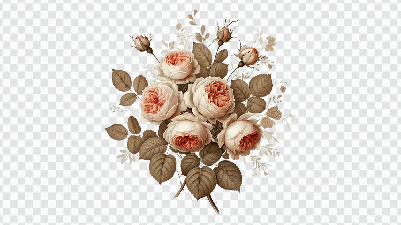 Antique Peach Garden Roses Bouquet PNG Clipart