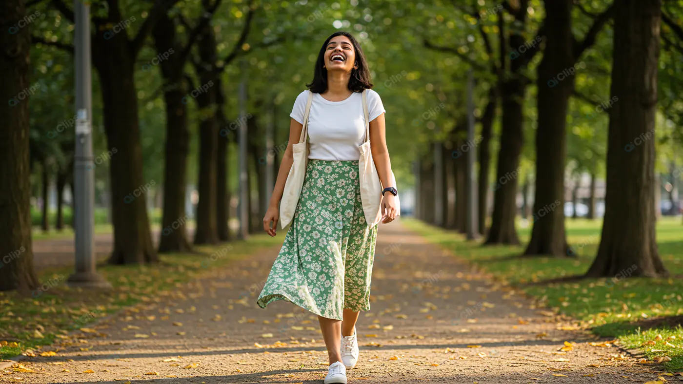 Joyful Stroll Through Tree-Lined Avenue