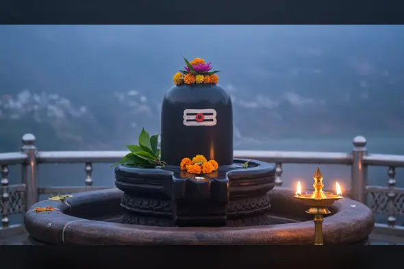 Sacred Shivling with Brass Lamp at Hilltop Temple | AIClips Spiritual India