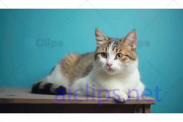 Relaxed Cat Lying on Wooden Table with Blue Background