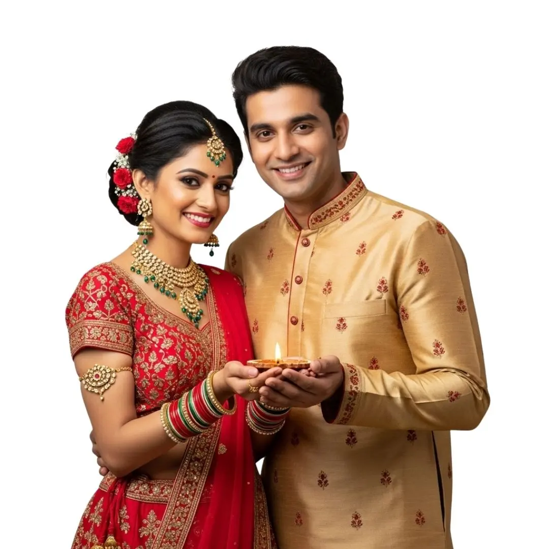 Traditional Indian Couple Holding Festival Diya Lamp PNG