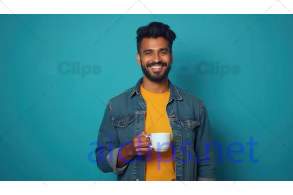 Smiling Man with Coffee in Denim Jacket