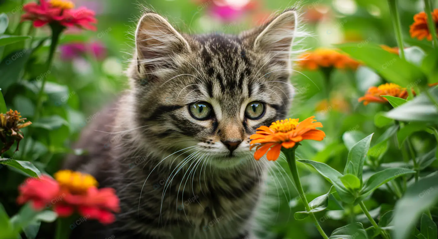 Adorable Kitten in Colorful Garden