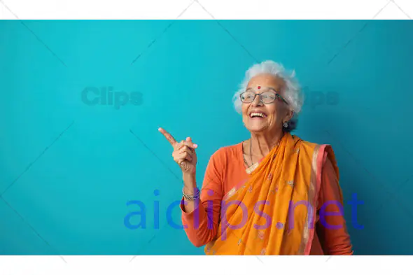 Smiling Elderly Woman in Traditional Saree Pointing Upwards on Blue Background
