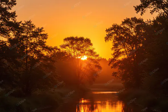 Golden Sunset River Silhouette