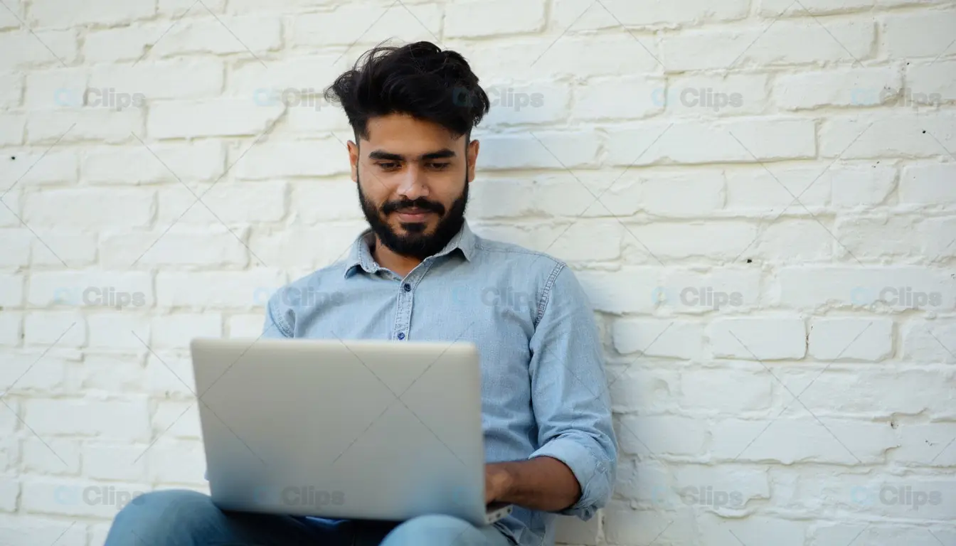 Young Man Working on Laptop Against Brick Wall