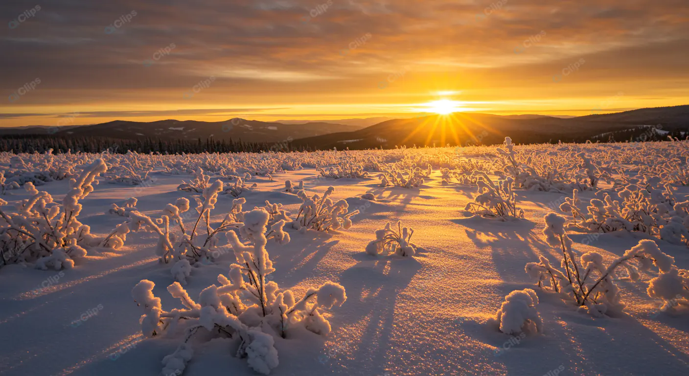 Golden Winter Sunrise Over Snowy Plains