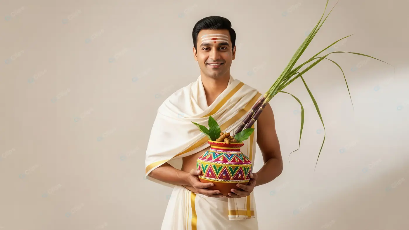 South Indian Man with Traditional Pongal Harvest Offering