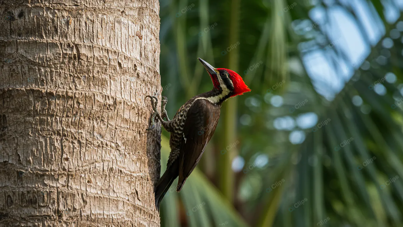 Crimson-Crested Woodpecker on Palm Tree