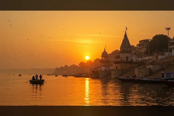 Golden Sunrise Over Varanasi Ghats with Boat on the Ganges