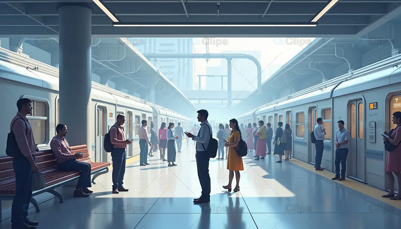 Commuters at a Modern Metro Station Platform