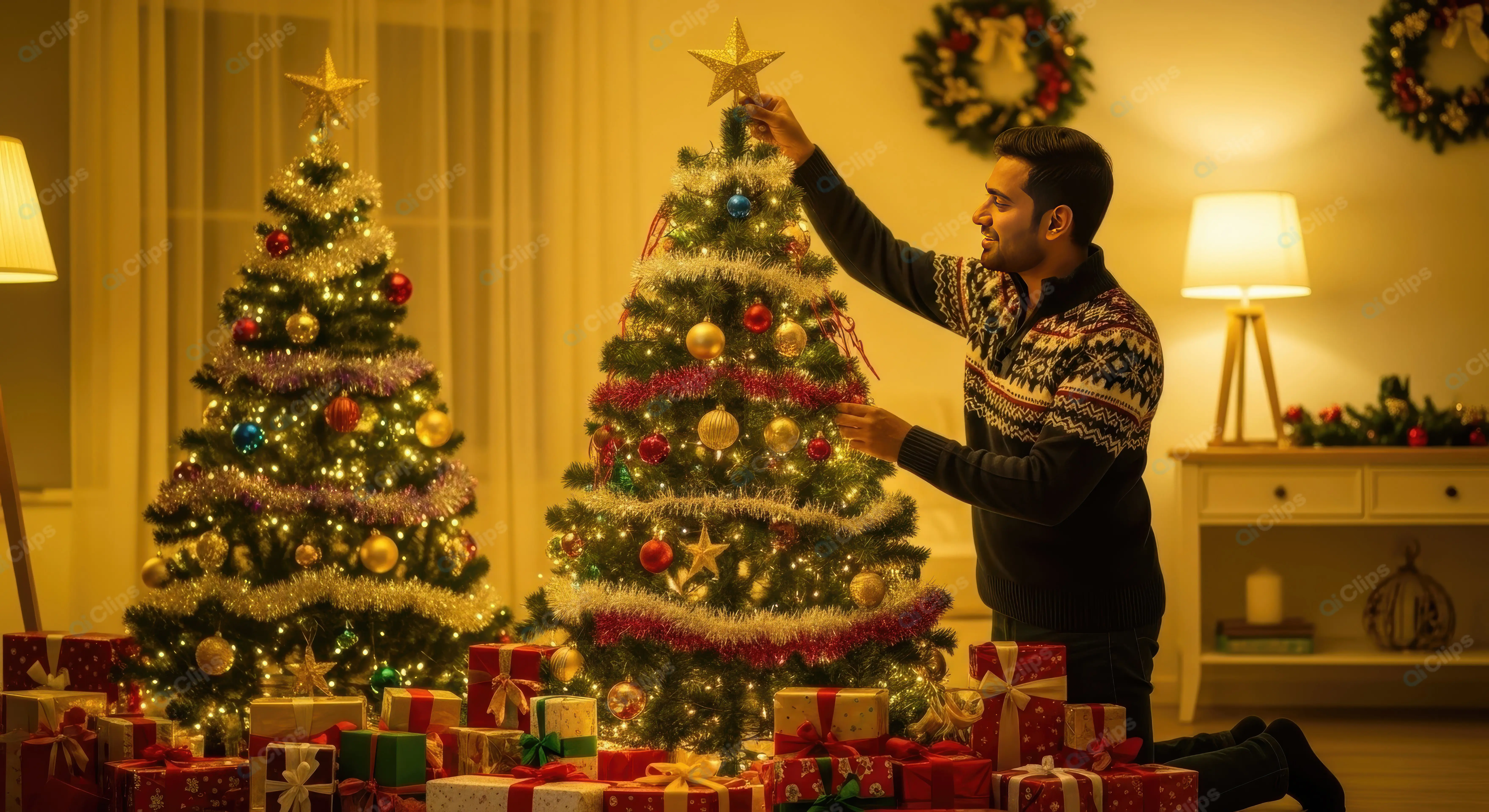 Joyful Man Decorating a Christmas Tree
