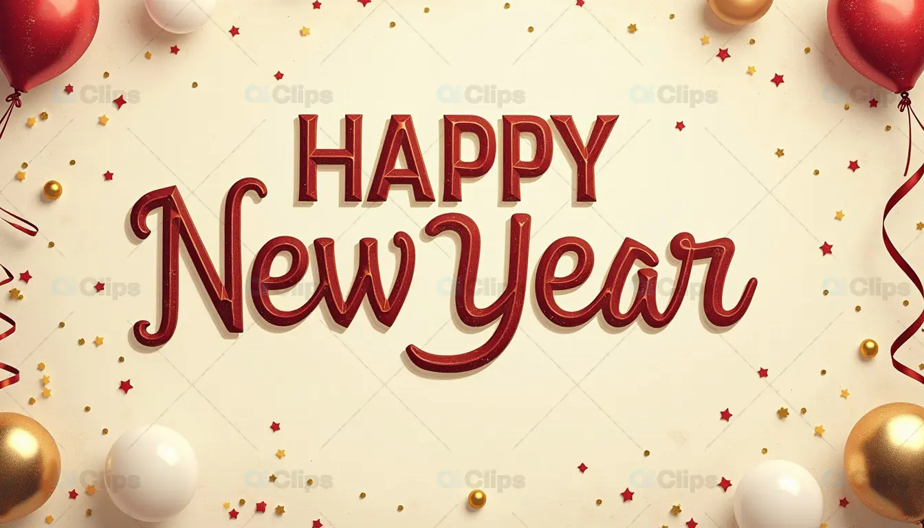 Festive "Happy New Year" Celebration with Balloons and Confetti