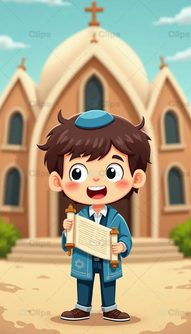 Cartoon Boy with Scroll in Front of Church