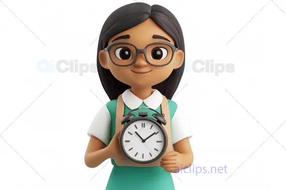3D Schoolgirl Avatar Holding a Clock