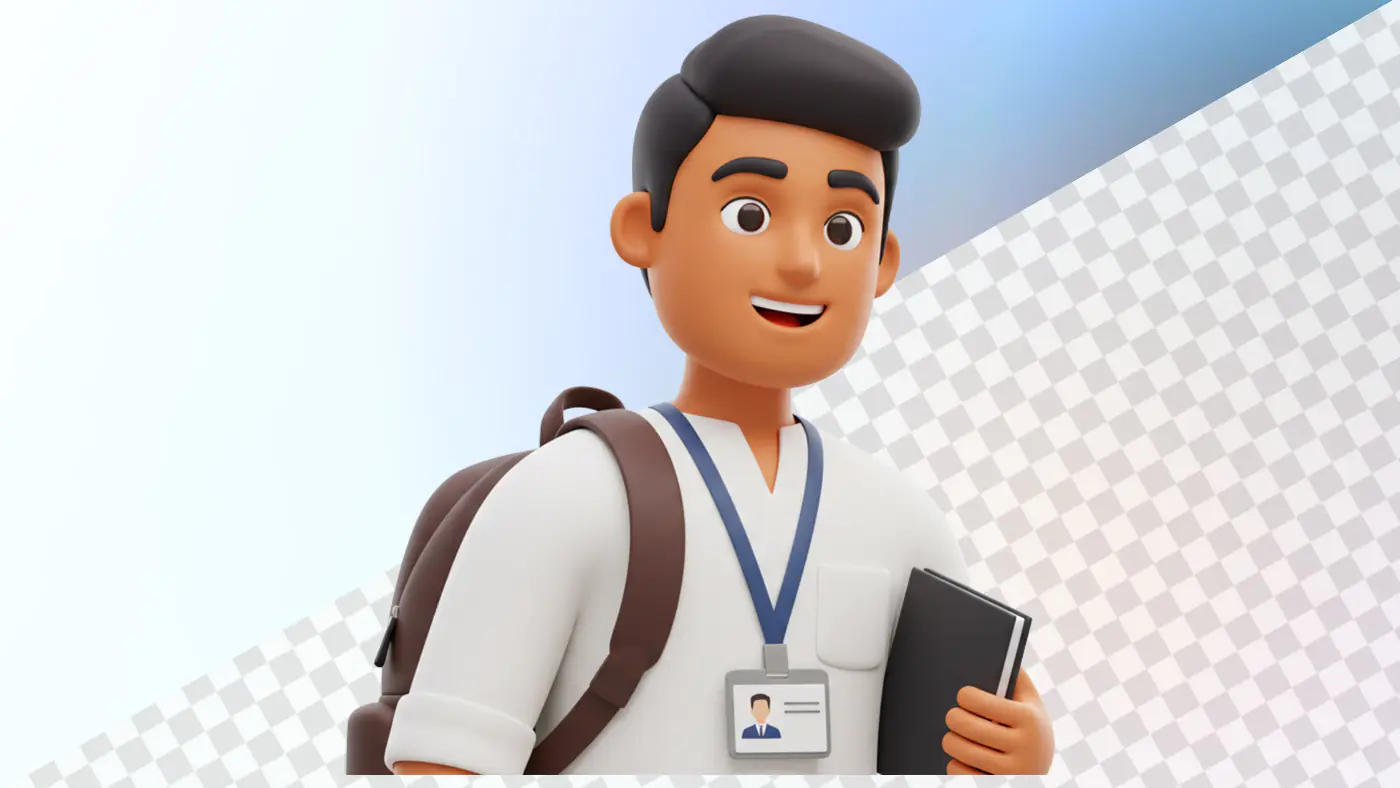 Smiling young Indian professional 3D avatar backpack lanyard
