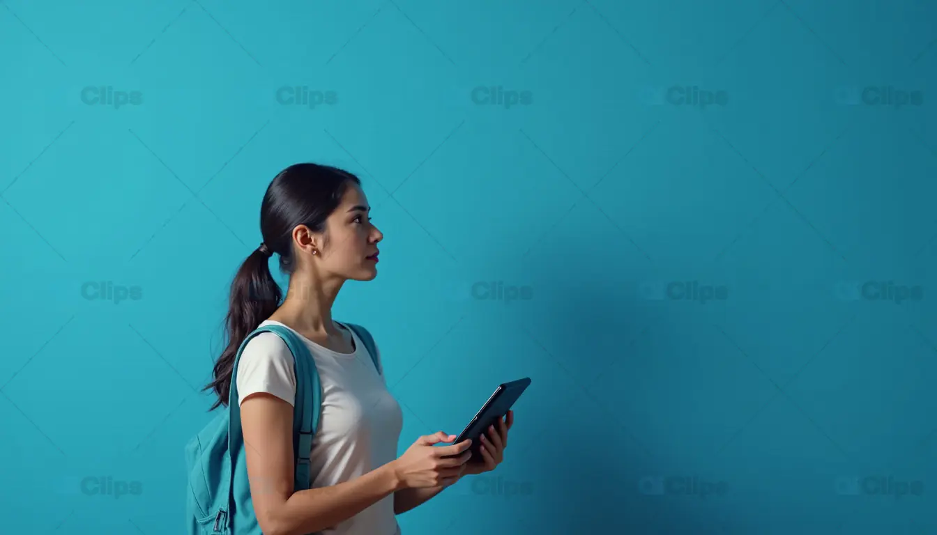 Young Woman with Tablet Against Teal Background