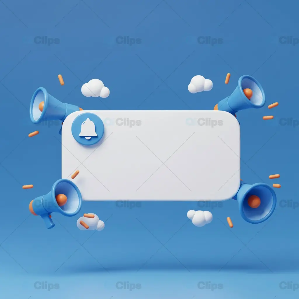 3D Notification Banner with Megaphones and Cloud Icons