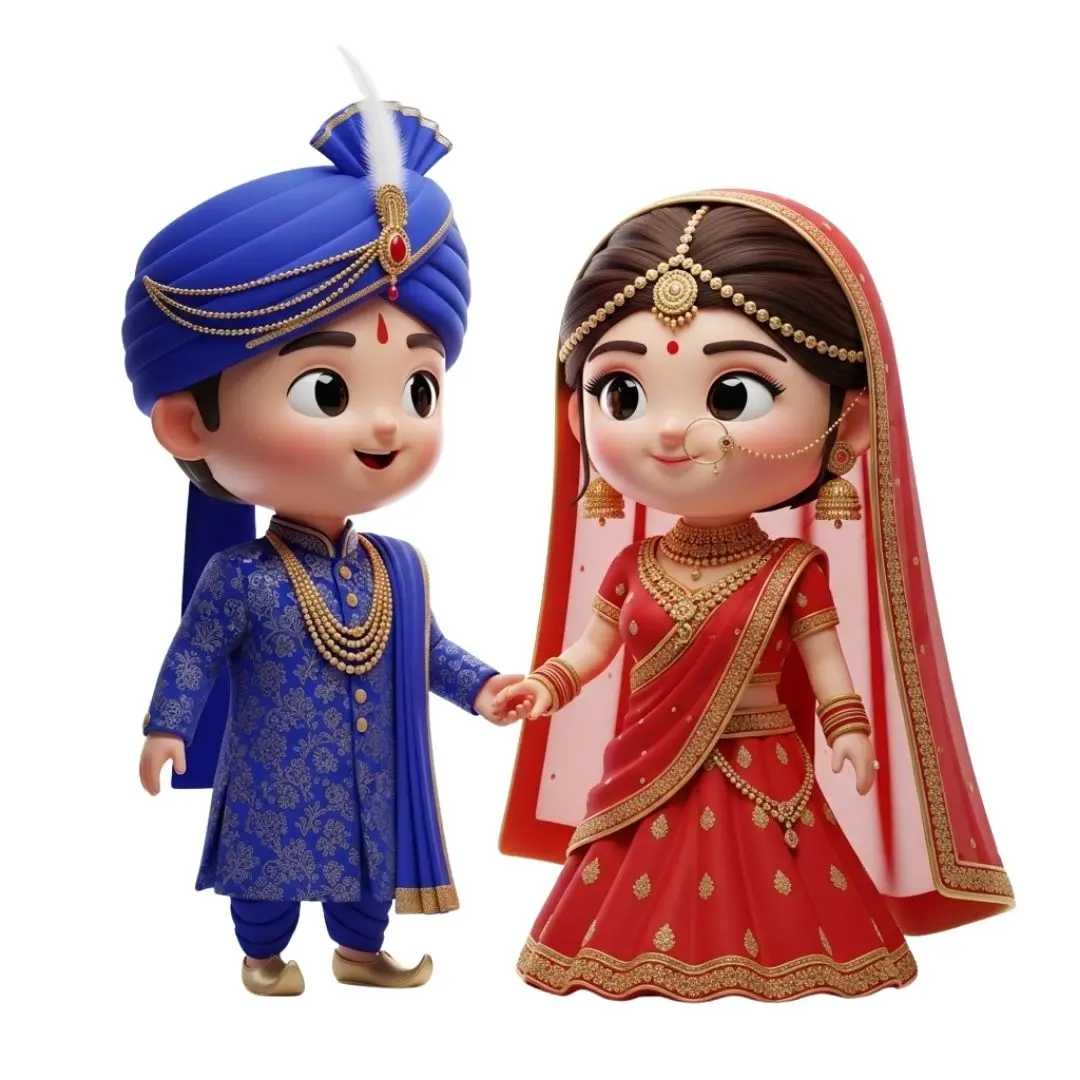 Adorable Indian Wedding Couple in Traditional Attire Clipart PNG