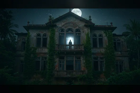 Haunted Mansion with Silhouetted Man and Full Moon at Night