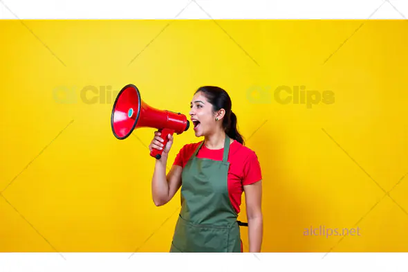 Woman in Apron Shouting into Megaphone