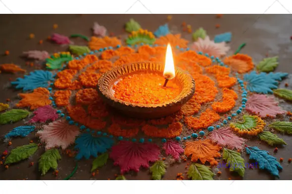 Diya with Colorful Rangoli for Diwali