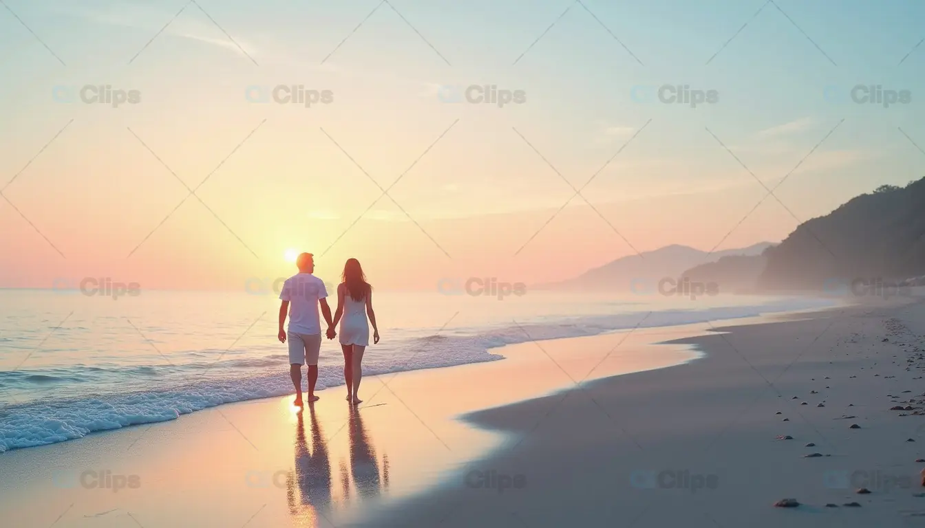 Romantic Couple Walking at Sunset on Beach