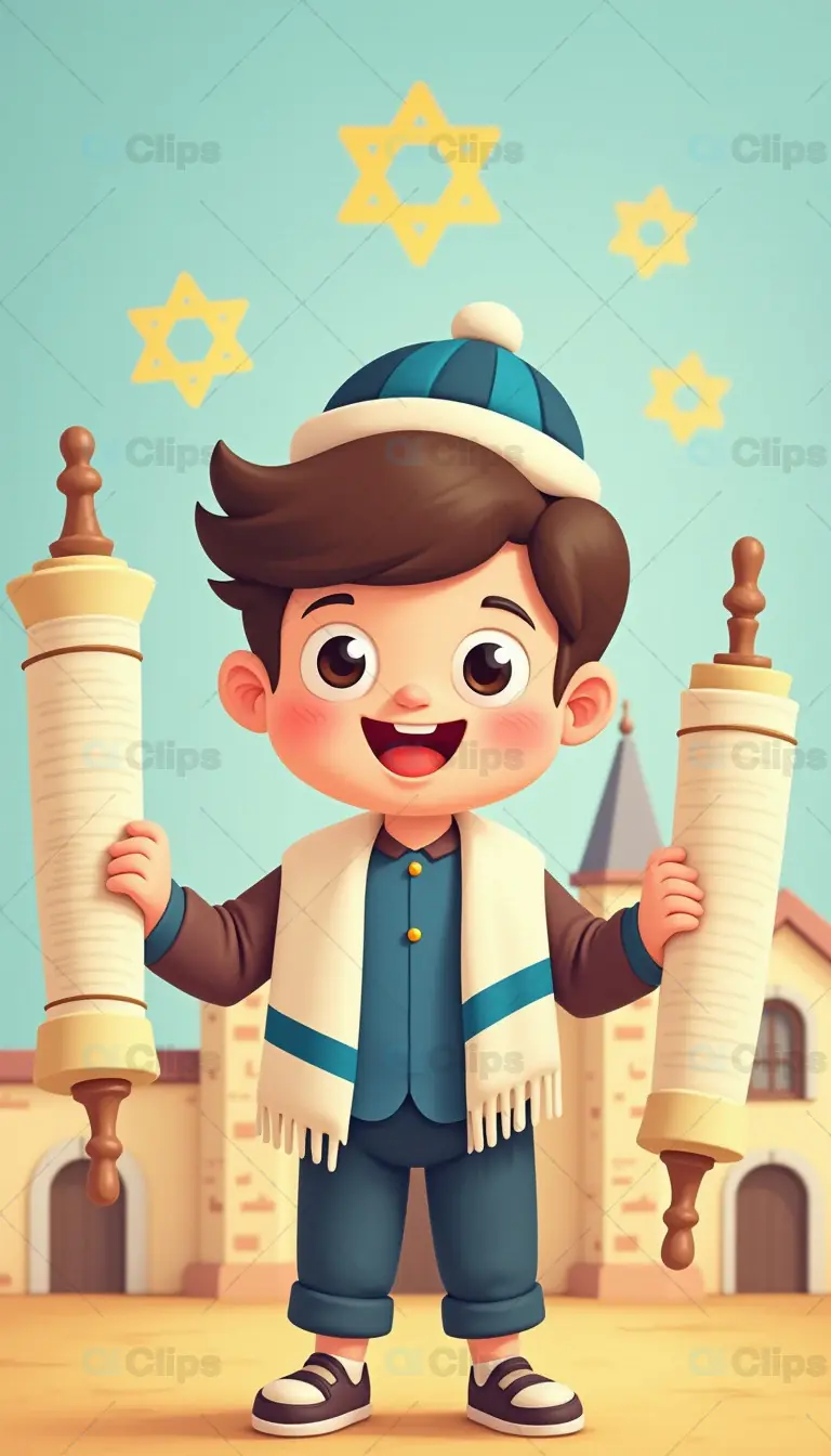 Cartoon Boy with Torah Scrolls and Star of David