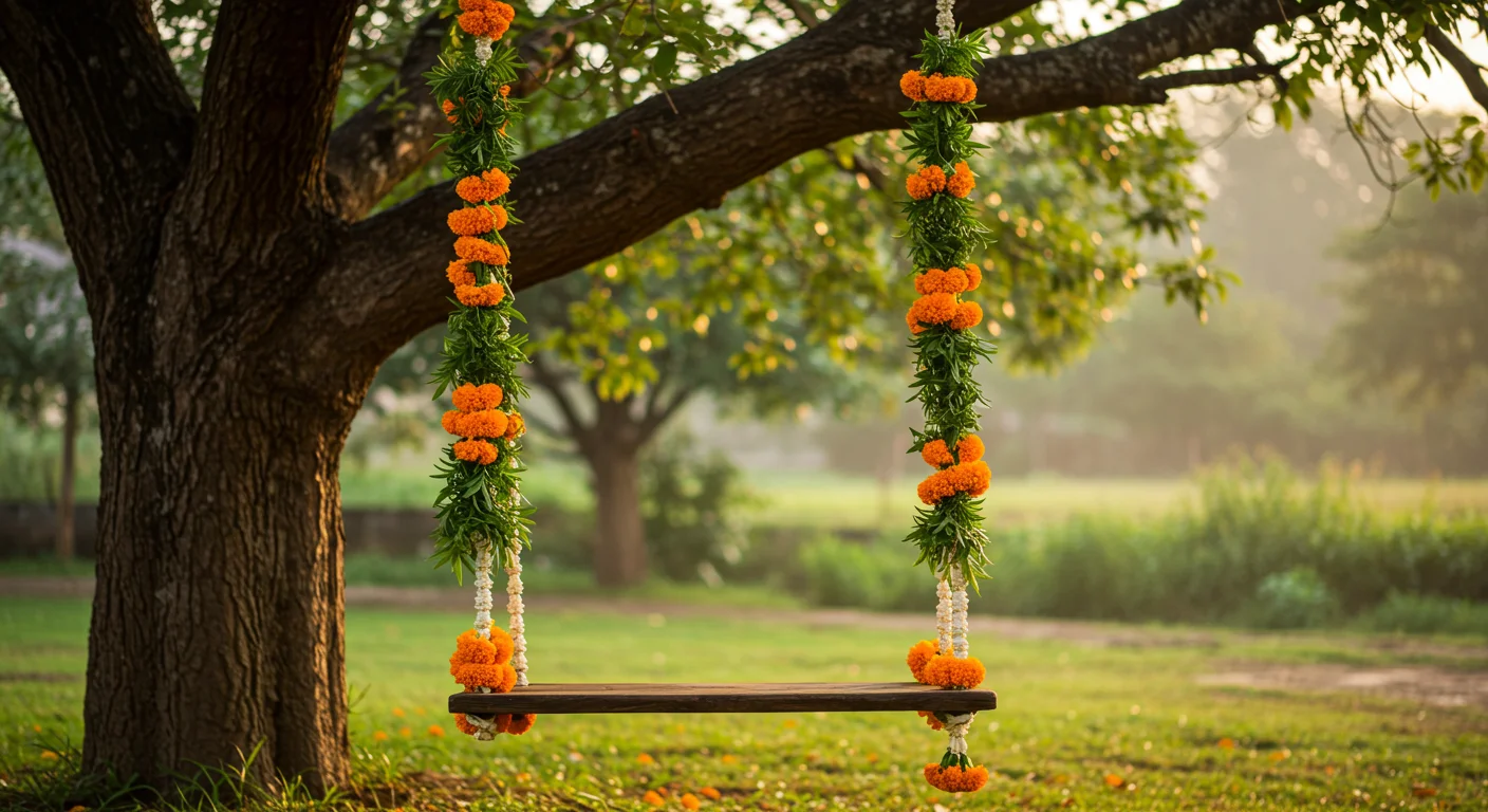 Traditional Floral Swing Under Tree for Janmashtami Celebrations | AIClips Rural Festive Scene